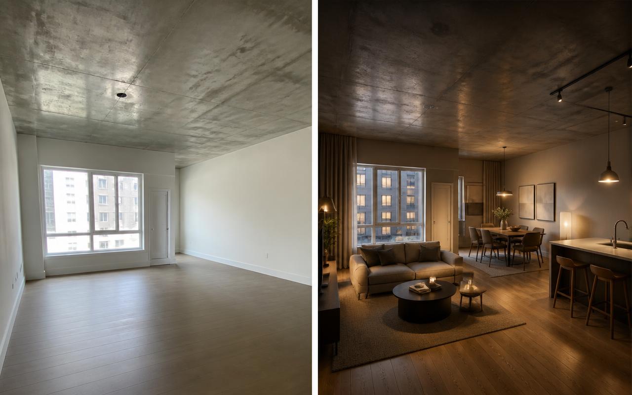 Comparação entre foto amadora de ambiente vazio e o mesmo ambiente em render 3D mobiliado